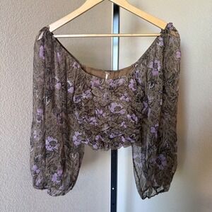 Free People Womens Blouse‎ M Floral Lilia Smocked Crop Top Balloon Sleeve Boho
